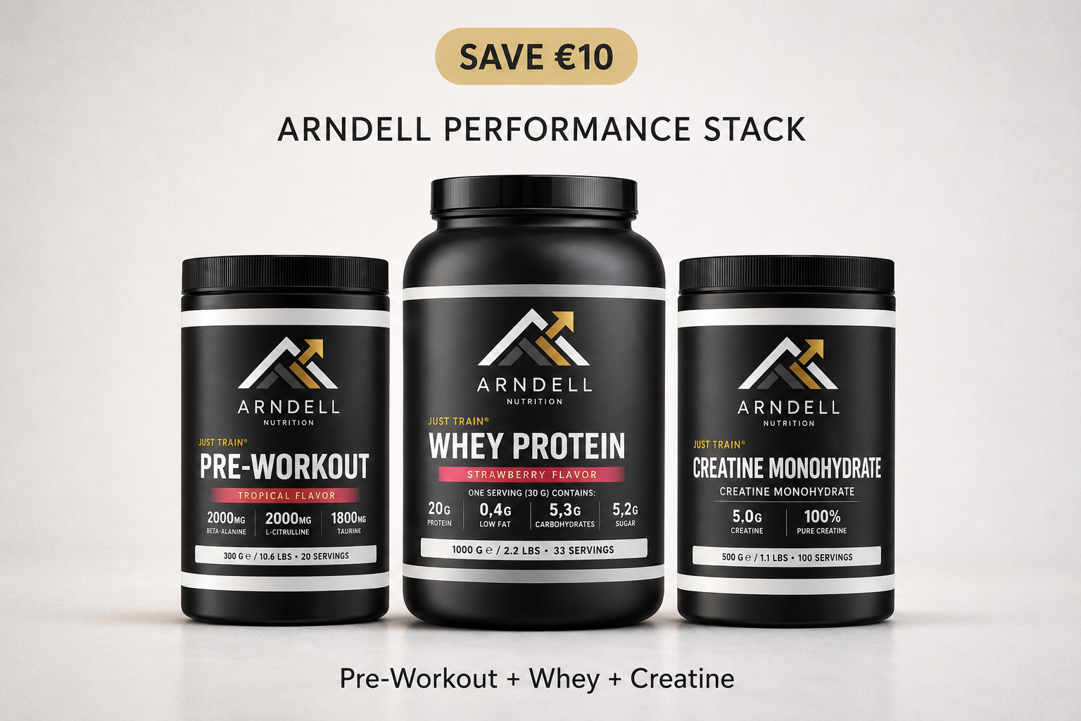 Arndell Performance Stack – Pre-Workout + Whey Strawberry + Creatine | Save €10